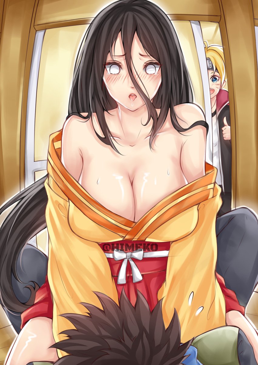 1girls 2boys :o age_difference aunt_and_nephew bare_shoulders black_hair blonde_hair blue_eyes blush boruto:_naruto_next_generations breasts clavicle cleavage female female_focus high_resolution himeko_shinsei huge_breasts hyuuga_hanabi imminent_sex implied_sex indoors kimono large_breasts large_filesize long_hair male multiple_boys naruto no_pupils off-shoulder_kimono sarutobi_konohamaru shounen_jump shueisha silver_eyes solo_focus spread_legs straddling sweatdrop teacher_and_student thumbs_up uzumaki_boruto very_high_resolution very_long_hair walk-in watermark whisker_markings white_eyes