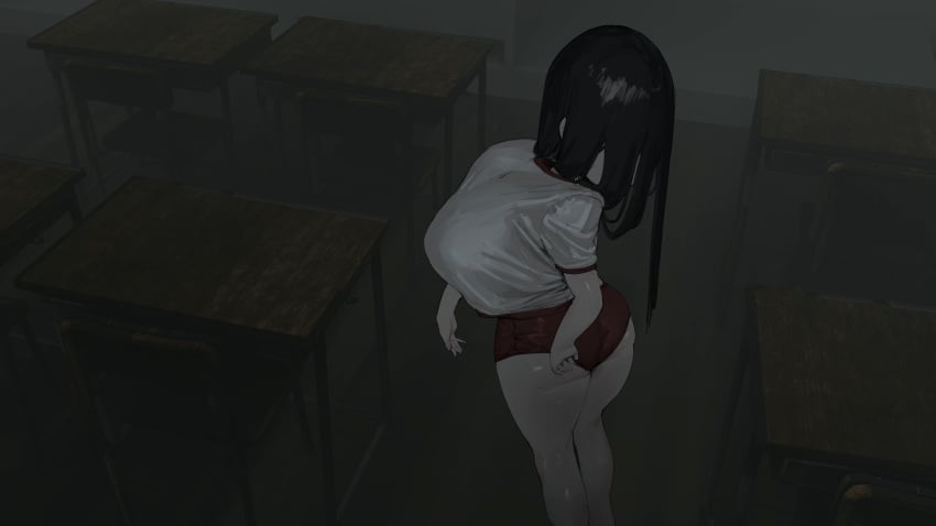 ass black_hair classroom curvaceous desk female female_only ghost_girl grey_skin gym_uniform huge_breasts long_hair shikisokuzeku76 shirt the_ring underwear yamamura_sadako