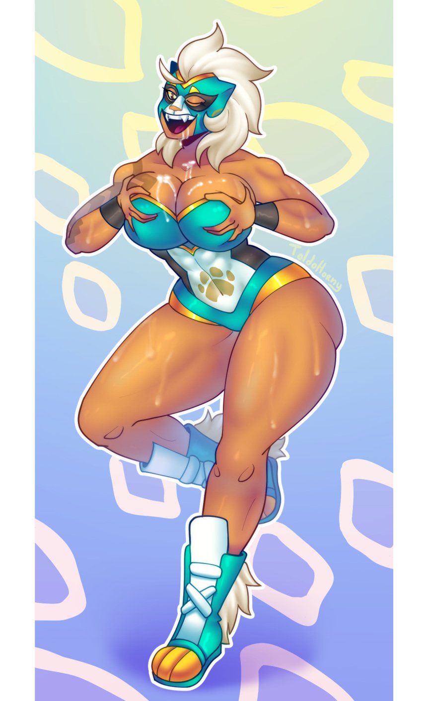 abs absurd_res brawlhalla chel_(brawlhalla) cum cum_on_body cum_on_breasts cumshot fangs female_abs female_wrestler grabbing grabbing_own_breast muscular muscular_female muscular_thighs simple_background smile sweat sweatdrop sweaty_body tattoo tattooed_arm thick_thighs toldohorny video_games white_hair