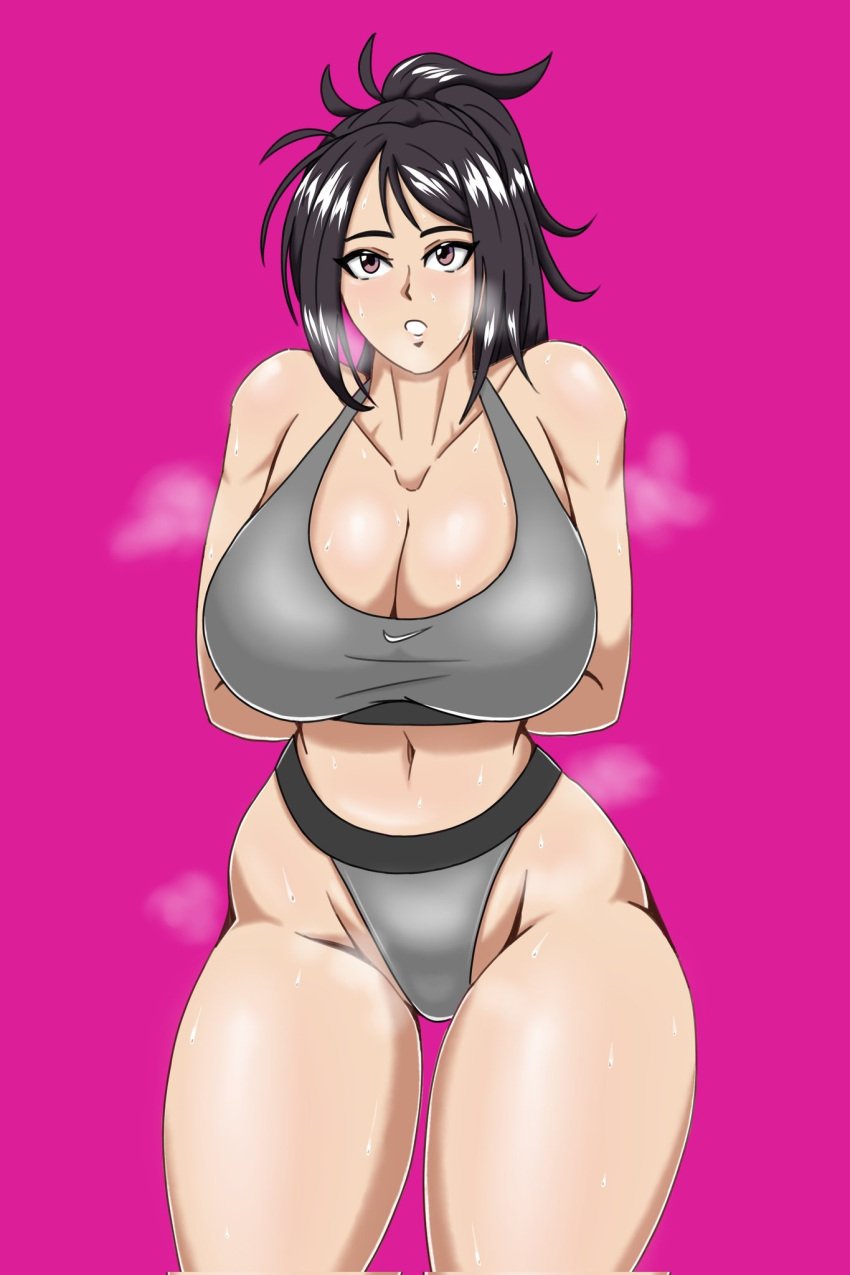 alternate_version_available arms_behind_back big_breasts black_hair bra breath cleavage curvy female female_only grey_bra grey_panties highleg_panties kengan_(series) kengan_omega large_breasts long_hair panties pink_background ponytail shiina_alisa sirdoggo solo sports_bra steam sweat thick_thighs underwear wide_hips