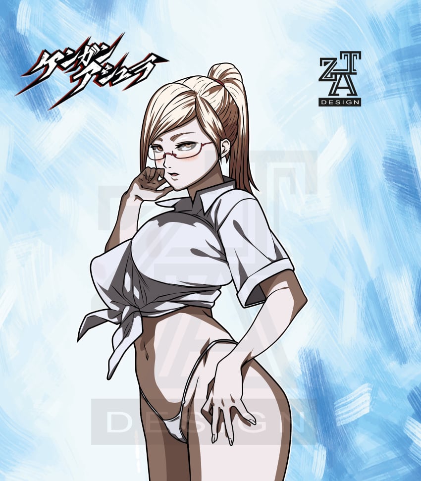 akiyama_kaede big_breasts blonde_hair blush brown_eyes female female_only glasses highleg highleg_panties kengan_(series) kengan_ashura long_hair nipple_bulge pale-skinned_female pale_skin panties platinum_blonde_hair ponytail red-framed_glasses solo tied_shirt white_panties zatdesign