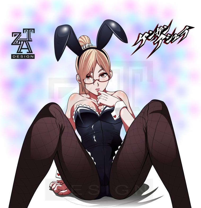 akiyama_kaede big_breasts black_legwear blonde_hair brown_eyes bunny_ears bunny_girl bunnysuit cleavage fake_animal_ears feet_out_of_frame female female_only fishnets glasses hairband hi_res kengan_(series) kengan_ashura long_hair official_artwork_edit pantyhose ponytail rabbit_headband red-framed_glasses scrunchie sitting solo spread_legs wrist_cuffs zatdesign