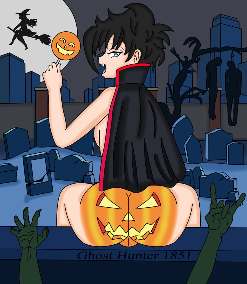 1boy androgynous artist_name ass ass_focus black_hair bubble_ass bubble_butt candy cape cemetery commentary commentary_request danny_fenton danny_phantom fangs femboy ghosthunter1851(artist) graveyard halloween halloween_costume halloween_pumpkin huge_ass jack-o'-lantern large_ass light-skinned_femboy light_skin looking_at_viewer looking_back night painted short_hair sitting solo tomb trap twink vampire_costume