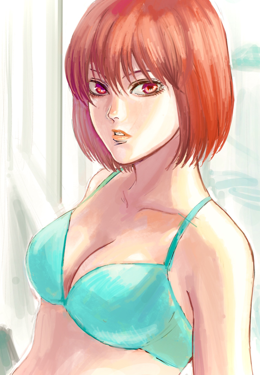 51kengang auburn_hair blue_bra bob_cut bra cleavage female female_only kengan_(series) kengan_ashura kushida_rin looking_at_viewer medium_breasts parted_lips red_eyes red_hair short_hair solo upper_body