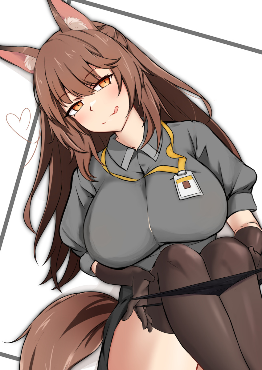 1girls :d animal_ear_fluff animal_ears arknights artist_request big_breasts blush breasts brown_eyes brown_hair busty clothed clothed_female curvaceous curvy female female_only fox_ears fox_girl fox_tail franka_(arknights) gigantic_breasts gloves grey_shirt half-closed_eyes horny huge_breasts id_card inviting inviting_to_sex large_breasts licking_lips light-skinned_female light_skin long_hair looking_at_viewer massive_breasts naughty_face shirt skirt solo solo_female stockings taking_off_panties thick_legs thick_thighs thighhighs thighs tongue tongue_out voluptuous