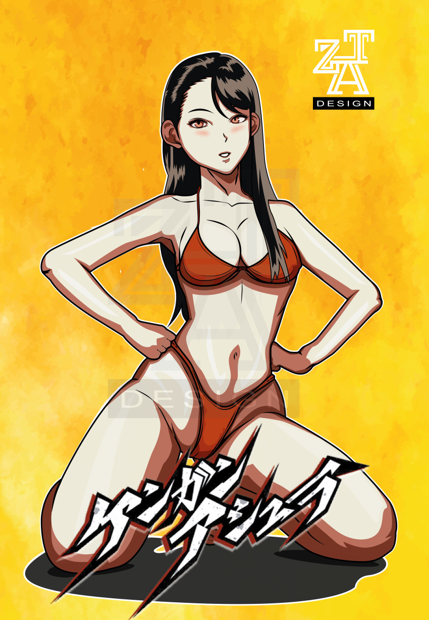 bikini black_hair blush brown_eyes cameltoe cleavage female female_only hands_on_hips highleg highleg_bikini kengan_(series) kengan_omega kneeling long_hair looking_at_viewer medium_breasts nagase_matsuri red_bikini solo swimsuit yellow_background zatdesign