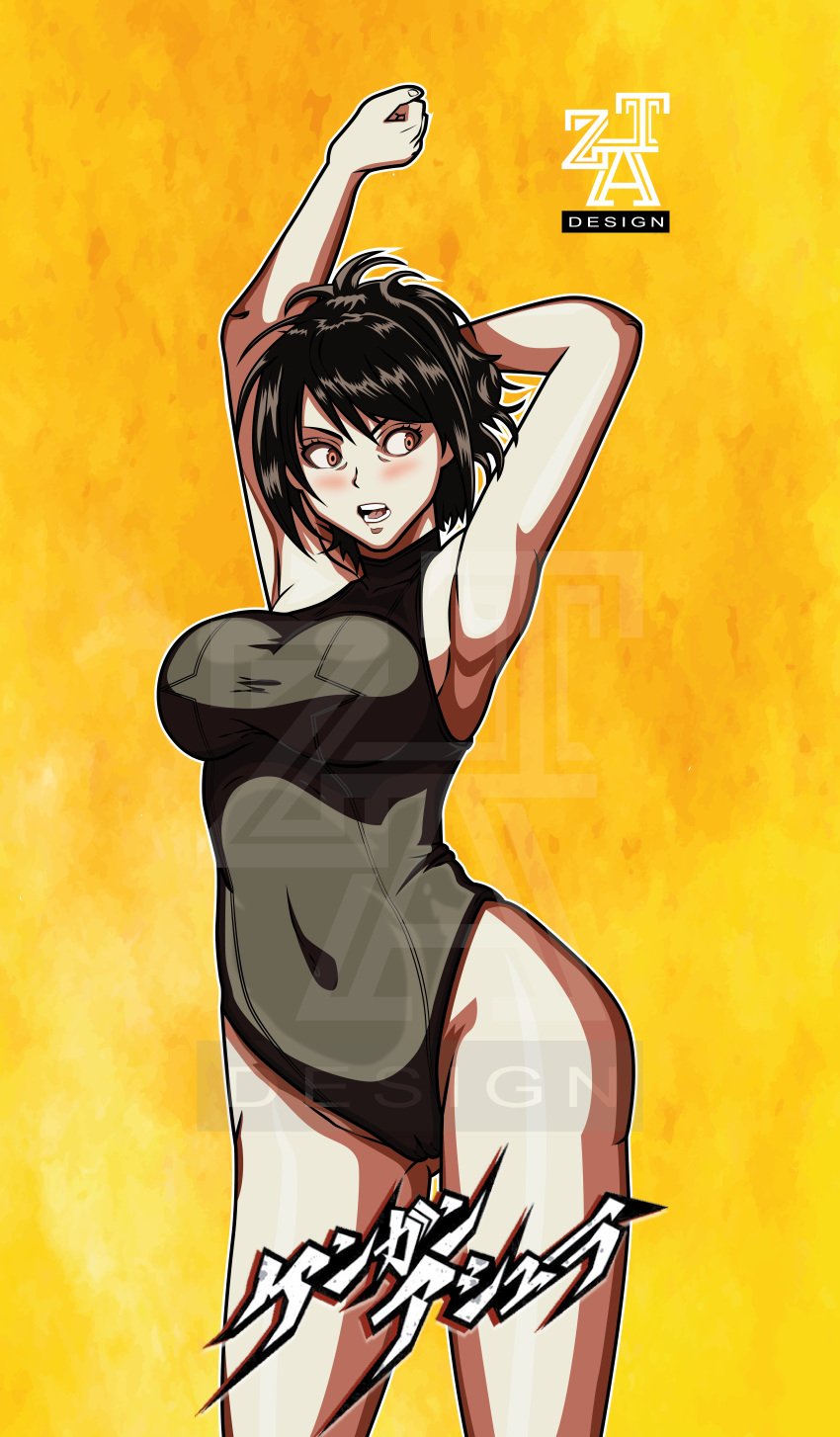 armpits arms_up big_breasts black_hair black_swimsuit brown_eyes cowboy_shot female female_only hi_res kengan_(series) kengan_omega looking_away one-piece_swimsuit open_mouth shiina_alisa solo stretching swimsuit swimwear wide_hips yellow_background zatdesign