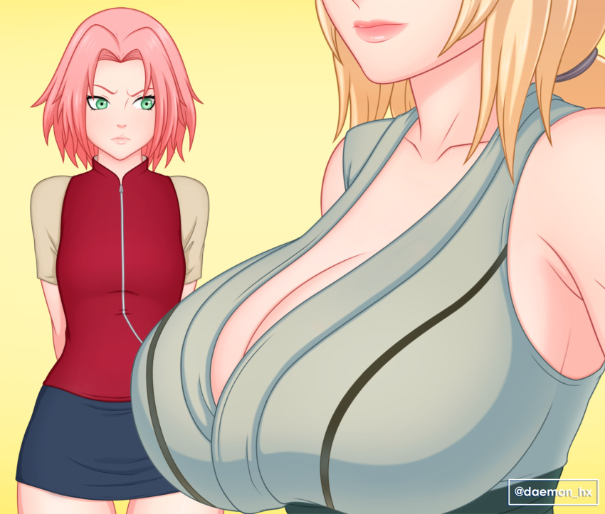 2girls blonde_hair breast_envy breast_size_difference breasts daemonhx female female_only jealous large_breasts multiple_girls naruto naruto_(series) naruto_shippuden pink_hair sakura_haruno teacher_and_student tsunade