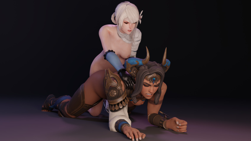 1futa 1girls 3d all_fours breasts dark-skinned_female dark_skin duo female futa_on_female futadom futanari human ishtar_(smite) kaine_(nier) light-skinned_futanari light_skin nier nier_replicant nude penis smite valenwood