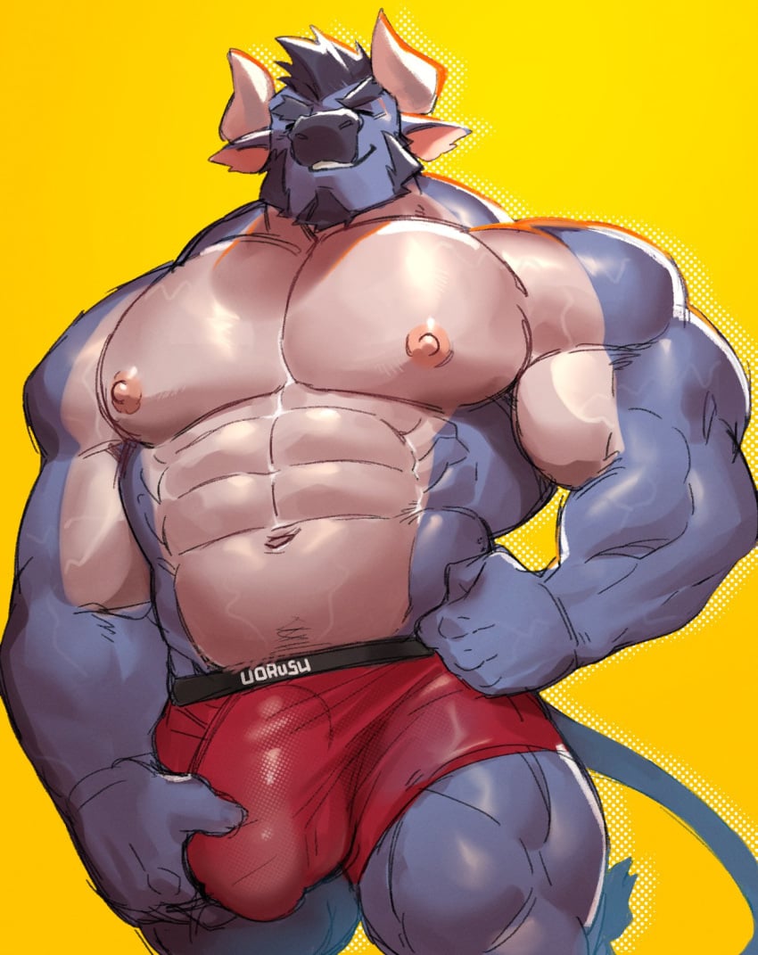 abs anthro biceps big_muscles big_penis blue_body blue_skin bovid bovine bulge cattle clothing countershade_torso countershading front_view genital_outline genitals hi_res horn huge_cock huge_muscles male male_only mammal muscular muscular_male nipples pecs penis penis_outline quads red_clothing red_underwear simple_background solo underwear vorusuarts yellow_background