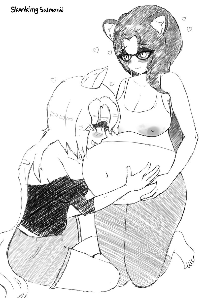 2girls animal_ears bear_ears bear_girl big_belly big_breasts black_and_white blush cat_ears catgirl cuddling female female_only glasses hand_on_belly hand_on_own_stomach head_on_belly heart lactation lactation_through_clothes long_hair nekomatic nipples_visible_through_clothing pregnant pregnant_belly ready_to_pop skankingsalmonid sketch yuri