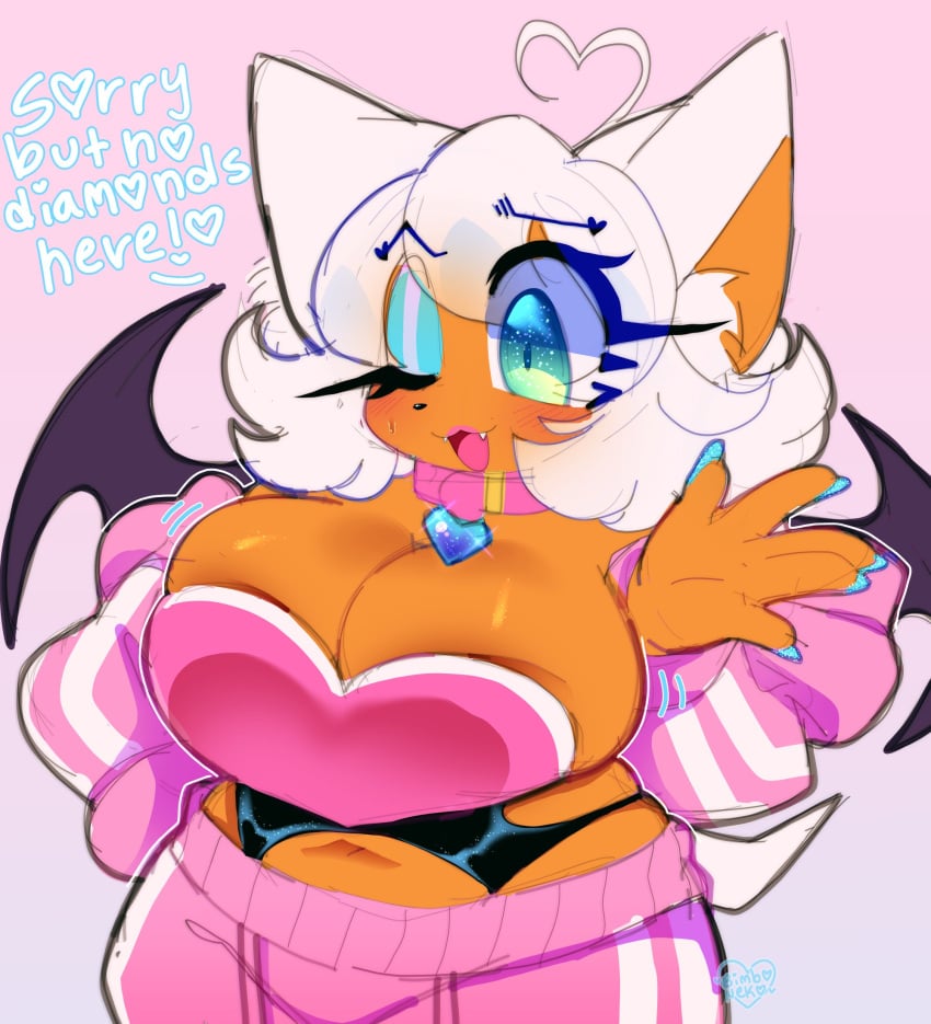 :3 :3d bat bimboneko breasts cleavage cowboy_shot hair_tip heart-shaped_hair_tip lipstick looking_at_viewer nail_polish open_:3 open_mouth rouge_the_bat sega sonic_(series) sparkling_eyes spoken_heart tagme talking_to_viewer two-tone_background wings wink winking