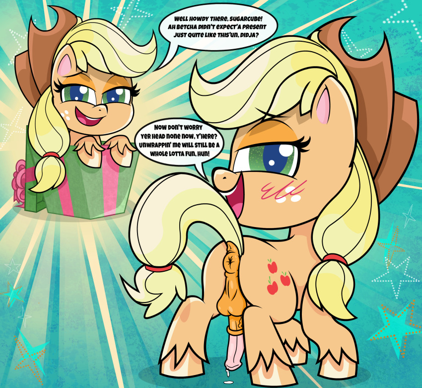 2020 anatomically_correct anatomically_correct_anus anatomically_correct_genitalia anatomically_correct_penis animal_genitalia animal_penis anus applejack_(mlp) ass balls bedroom_eyes blonde_hair blush bodily_fluids chibi christmas christmas_present clothing cowboy_hat cum cum_on_ground cutie_mark dialogue digital_drawing_(artwork) digital_media_(artwork) dock earth_pony english_text equid equine equine_penis eyelashes feral fetlocks freckles friendship_is_magic fur genital_fluids genitals gift green_eyes gynomorph hair hasbro hat headgear headwear hi_res holidays hooves horse innuendo intersex looking_at_viewer looking_back looking_back_at_viewer mammal medial_ring my_little_pony my_little_pony:_pony_life narrowed_eyes on_model open_mouth open_smile orange_anus orange_balls orange_body orange_fur orange_hooves penis pink_penis pony precum presenting presenting_anus presenting_hindquarters puckered_anus puffy_anus quadruped seductive smile solo speech_bubble spookitty star tail_aside text yellow_tail