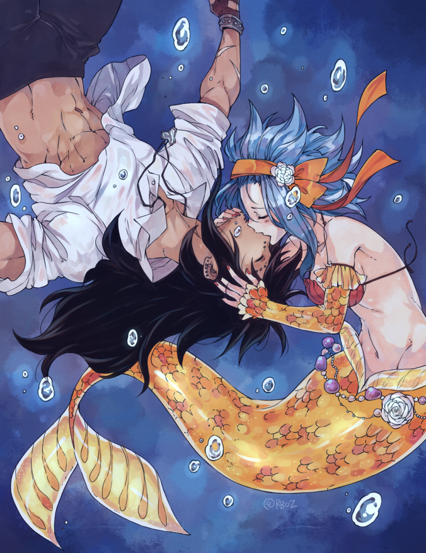 1boy black_hair blue_hair blush closed_eyes couple duo fairy_tail female gajeel_redfox high_resolution jewelry kiss kiss_on_the_lips kissing levy_mcgarden long_hair male medium_hair mermaid monster_girl piercing rusky underwater upside-down water