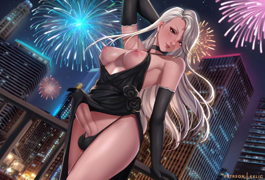 1futa 2022 areolae balls big_breasts big_penis black_gloves breasts clothed clothing dress elbow_gloves erection erection_under_clothes exlic fireworks futa_only futanari gloves human large_breasts light-skinned_futanari light_skin long_gloves long_hair looking_at_viewer low-angle_view new_year nipples partially_clothed penis persona persona_5 sae_niijima solo standing tenting testicles thick_thighs wide_hips