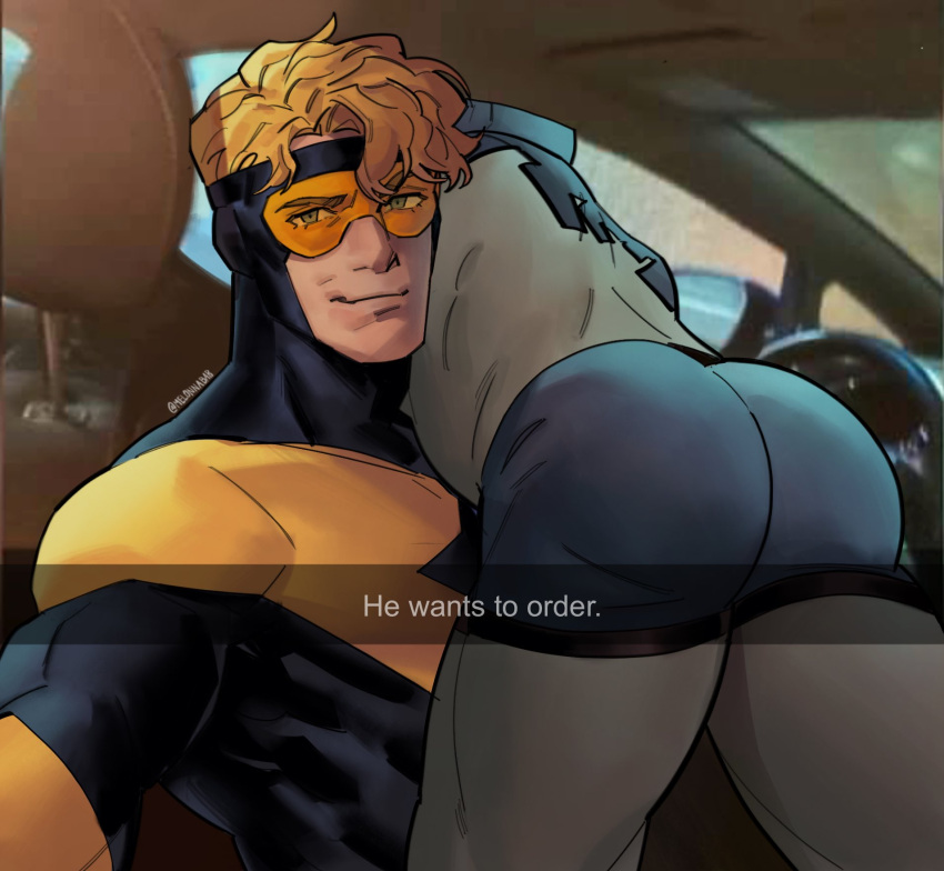 2boys ass blue_beetle booster_gold butt camera car car_interior clothed clothed_ass dc dialogue dialogue_box english_text eyewear goggles he_wants_to_order in_car indoors looking_at_viewer male male_only masked melonnabab meme michael_carter muscles muscular muscular_male phone phone_screen rear_view selfie signature sitting snapchat snapshot taking_picture ted_kord text vehicle vehicle_interior yaoi