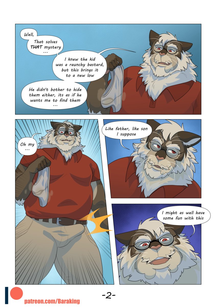 1boy absurd_res anthro baraking beard belt biped body_fur bottomwear brown_fur bulge clothed clothing comic dialogue domestic_cat erection erection_under_clothing eyewear facial_hair felid feline felis fluffy_fur fully_clothed fully_clothed_anthro fully_clothed_male glasses hi_res khon_(baraking) male male_only mammal masculine mature_anthro mature_male motion_lines mustache pants patreon patreon_logo red_clothing red_eyes red_shirt red_topwear shirt solo speech_bubble standing tan_bottomwear tan_clothing tan_countershading tan_pants text topwear url whiskers white_hair zoom_lines