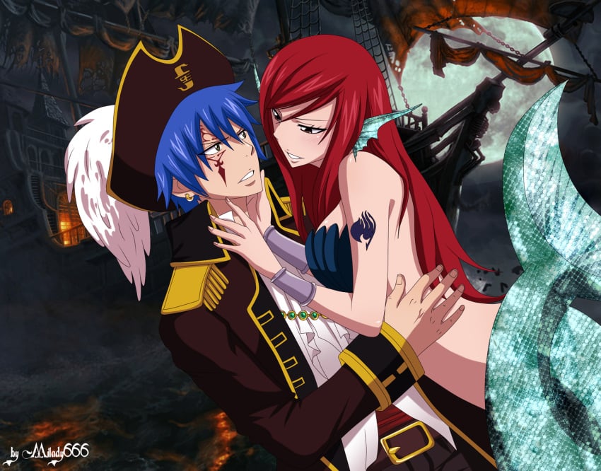 1boy erza_scarlet fairy_tail female halloween_costume high_resolution jellal_fernandes long_hair looking_at_another male mermaid mermaid_girl milady666 monster_girl pirate red_hair seducing seduction seductive seductive_eyes seductive_look seductive_mouth seductive_pose seductive_smile short_hair