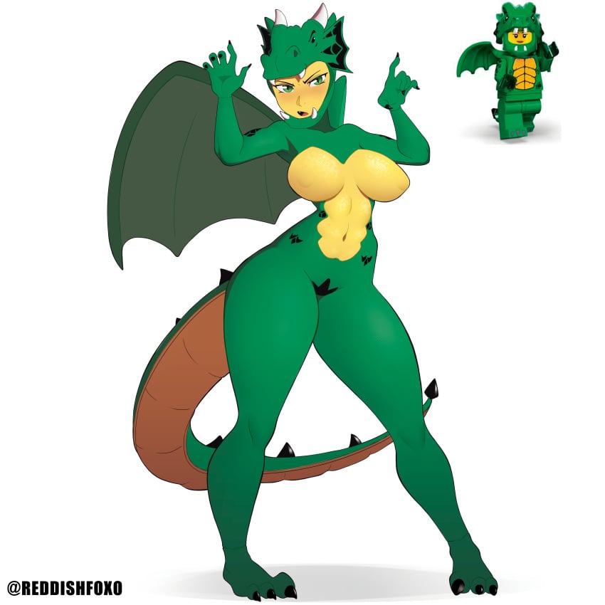 1girls 2d big_breasts breasts costume dragon_costume dragon_horns dragon_tail dragon_wings female female_focus female_only female_solo full_body green_dragon green_dragon_costume_girl green_eyes highres lego lego_minifigures minifigures_series_23 reddishfoxo solo solo_female tagme tail thick_thighs thighs wings yellow_skin