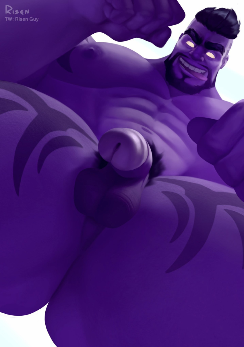 flaccid flaccid_penis glowing_eyes league_of_legends legacy_series looking_down male male_only mr._mundoverse mundo_(league_of_legends) muscles muscular muscular_male purple_skin risen_guy tongue_out