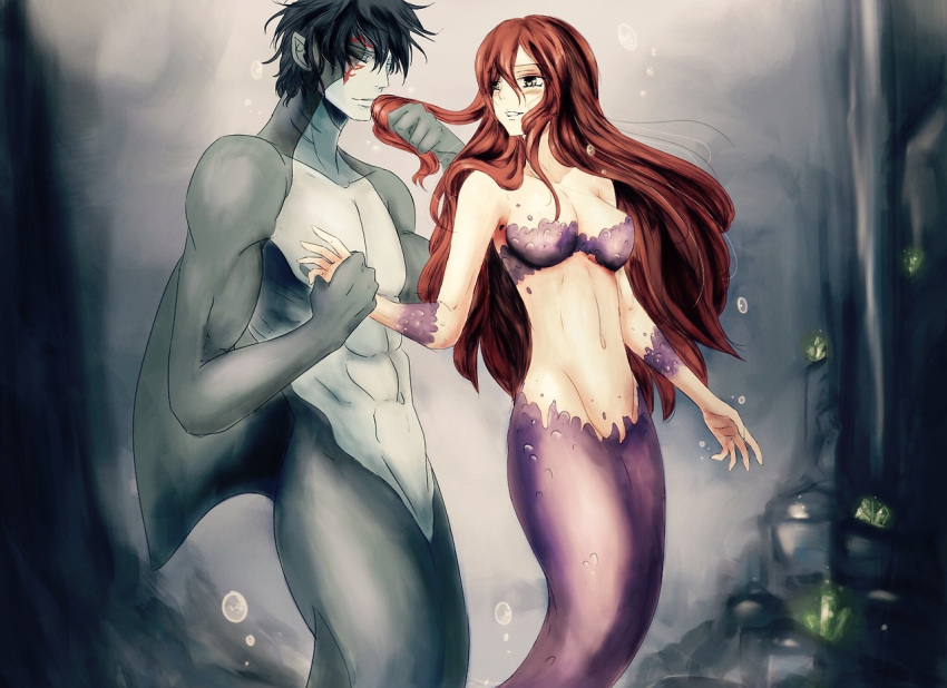 black_hair blush brown_eyes closed_eyes duo erza_scarlet fairy_tail female jellal_fernandes long_hair male mermaid mermaid_transformation merman merman_transformation micaela-frojdh monster_girl pointed_ears red_hair short_hair smile tattoo underwater yellow_eyes