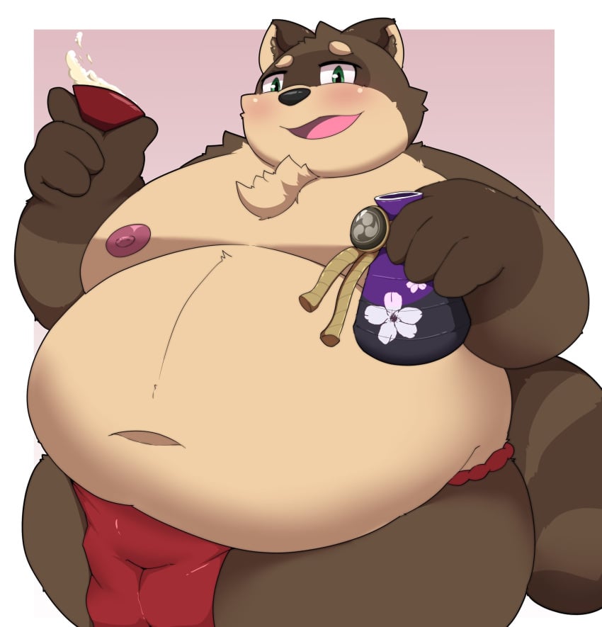 2022 alcohol anthro asian_clothing belly beverage big_belly blush brown_body bulge canid canine clothing east_asian_clothing fundoshi hi_res japanese_clothing kemono kusosensei male mammal moobs navel nipples overweight overweight_male raccoon_dog red_clothing red_fundoshi red_underwear sake sake_dish shoutaro solo tanuki underwear