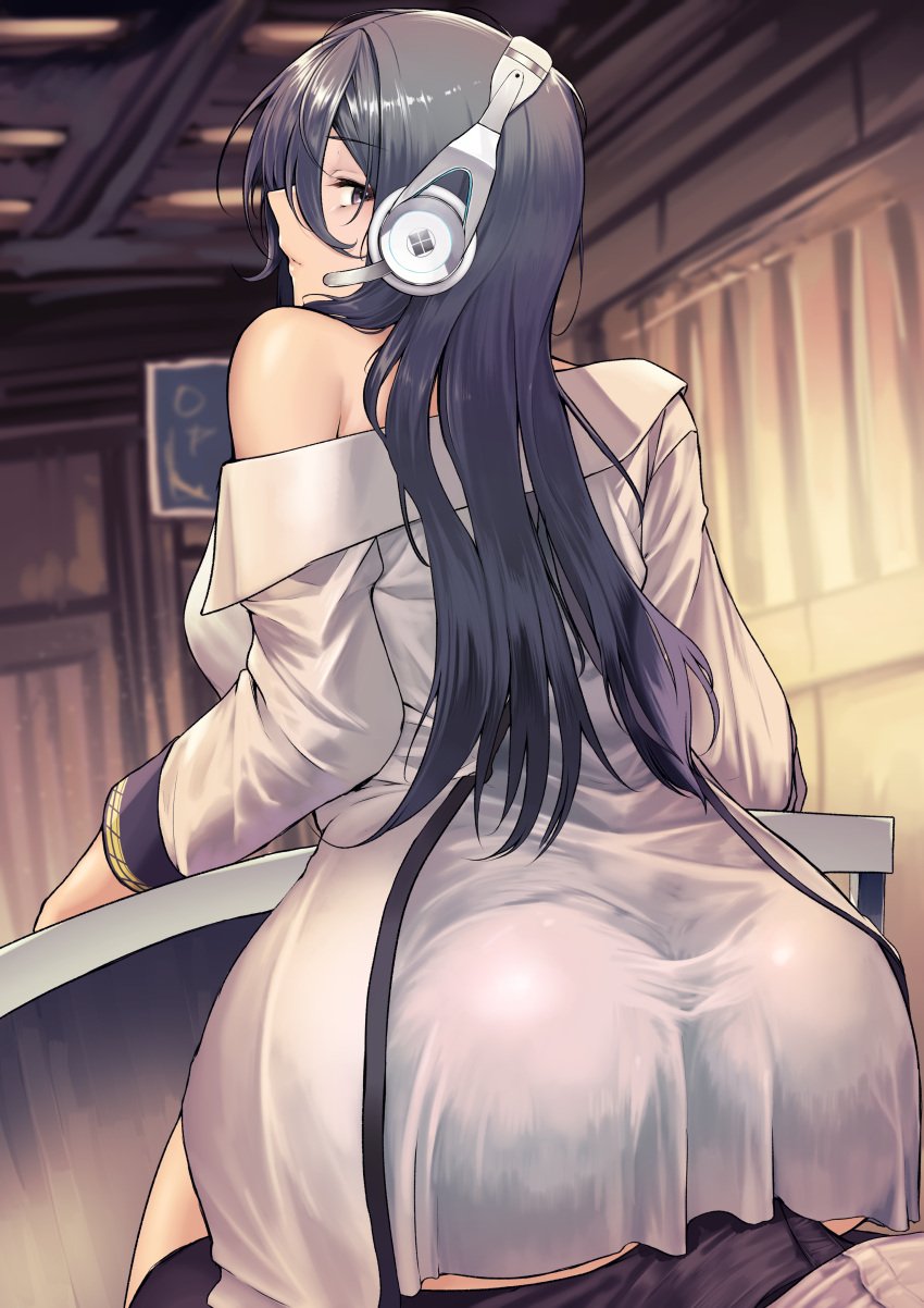 1boy 1girls absurd_res ass ass_focus bangs bare_shoulders black_eyes black_hair black_pants breasts clothed commander_(nikke) erection erection_under_clothes exia_(nikke) goddess_of_victory:_nikke headphones jacket jury9016 long_hair looking_back_at_viewer medium_breasts off_shoulder sitting sitting_on_person table white_jacket white_shirt