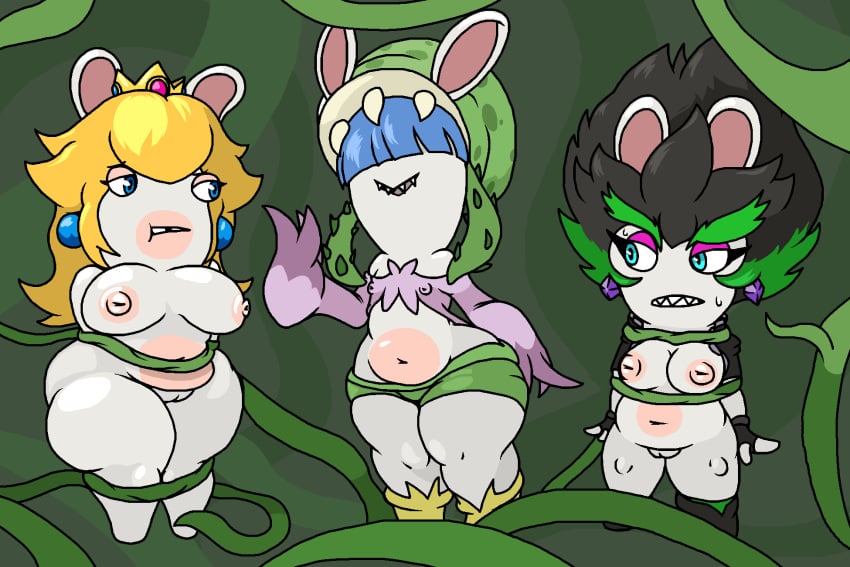 anthro ass bangs belly big_butt black_hair blonde_hair blue_hair bodily_fluids bondage bottomwear bound breasts clothed clothing crossover crown daphne_(mario_+_rabbids) ear_piercing ear_ring edge_(mario_+_rabbids) fangs female female/female fur genitals green_hair grin group gynomorph hair hair_over_eye hair_over_eyes hat headgear headwear hi_res hotpants intersex jacket lagomorph mammal mario_(series) mario_+_rabbids mario_+_rabbids:_sparks_of_hope multicolored_hair navel nervous nervous_sweat nintendo one_eye_obstructed overweight partially_clothed piercing pussy rabbid rabbid_peach raving_rabbids ring_piercing sharp_teeth shorts slightly_chubby smile somedutchweirdo sweat sweatdrop teeth thick_thighs tight_clothing topwear trio ubisoft vines white_body white_fur wide_hips