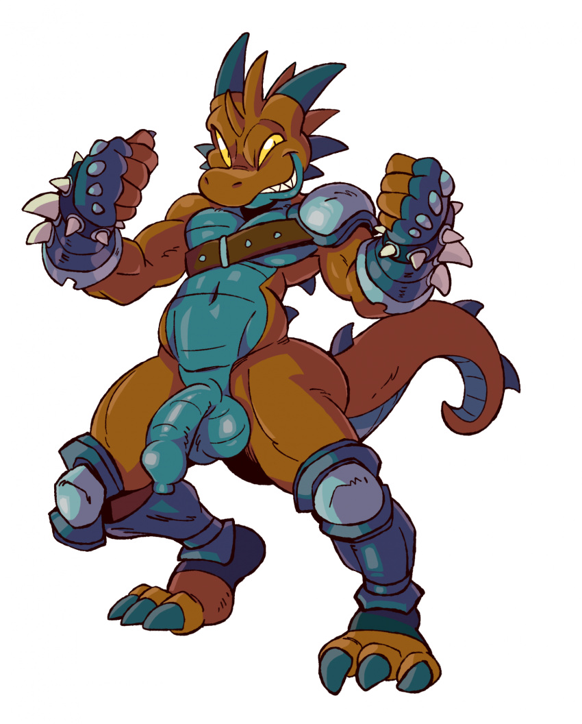 2022 3_toes 5_fingers anthro armband armor armor_only atlas_(efoxboli76) back_spines balls biceps big_balls big_penis biped brawler brown_body brown_strap claws closed_smile cocky cocky_smile countershading digital_media_(artwork) fangs feet fighting_pose fingers fist flaccid foreskin genitals greaves green_body green_claws green_horn green_scales green_spines green_toe_claws grin grinning_at_viewer head_spines hi_res horn humanoid_genitalia humanoid_penis kobold leather_strap looking_aside looking_at_viewer male monotone_eyes mostly_nude multicolored_body narrowed_eyes navel non-mammal_balls pecs penis poleyn pose pupils reptile reverse_countershading scales scalie sharp_teeth short shoulder_guard side_butt simple_background slit_pupils small_but_hung smile smiling_at_viewer solo spaulder spiked_armband spiked_armwear spikes straps tail_spines tderek99 teeth toe_claws toes toony two_tone_body unretracted_foreskin vambraces warrior white_background wide_hips yellow_sclera