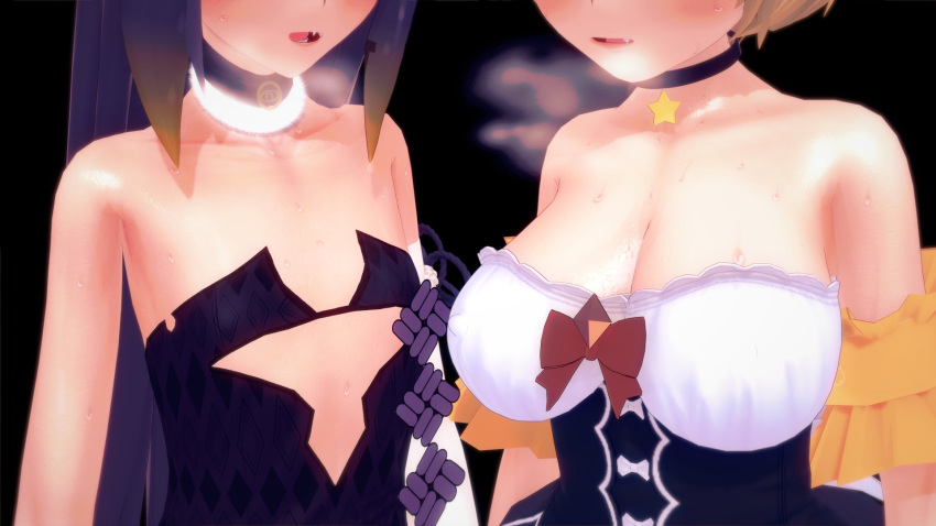 2girls 3d artist_request big_breasts blush choker collarbone female female_only hololive hololive_english hololive_gen_1 hololive_japan hololive_myth necklace ninomae_ina'nis small_breasts virtual_youtuber yozora_mel