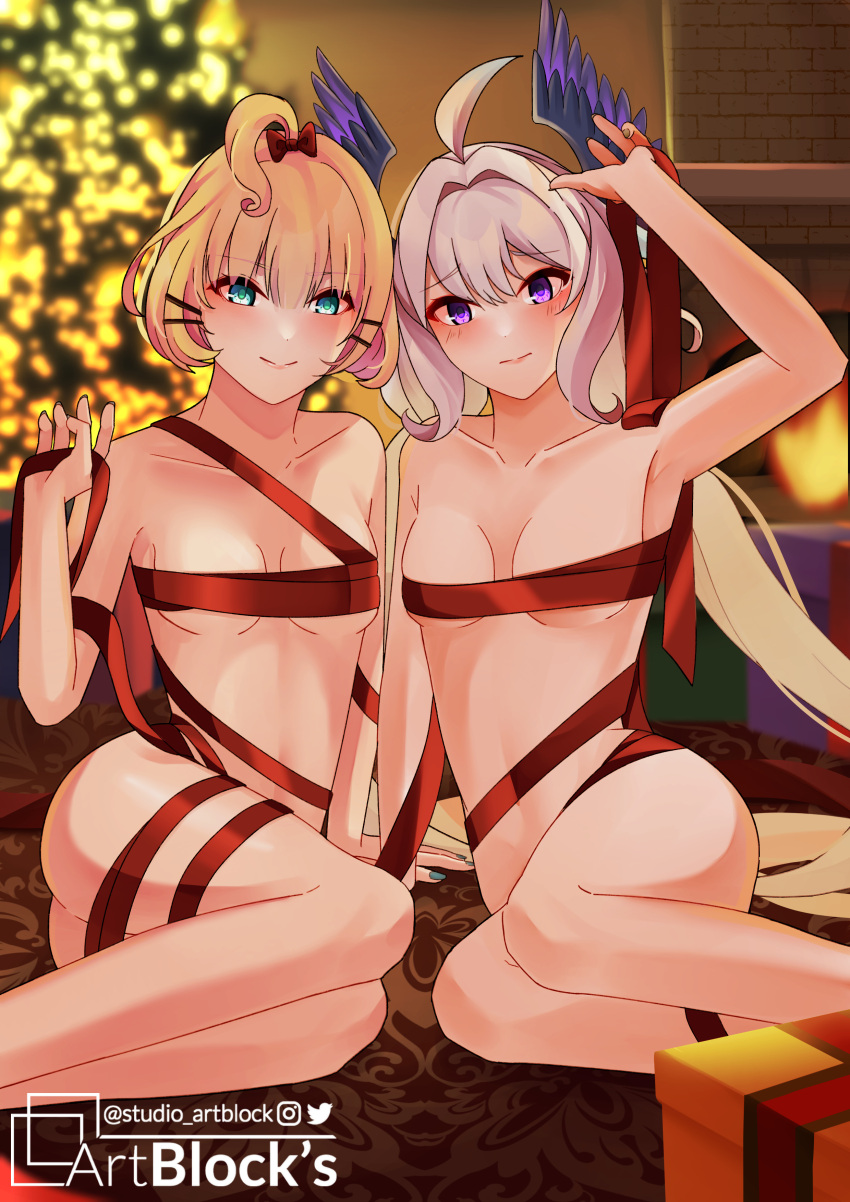 2girls ahoge armpit ass bare_ass bare_shoulders blonde_hair blue_eyes blush bondage christmas_present christmas_tree cleavage covered_breasts duo duo_focus enna_alouette exposed_shoulders hair_ribbon hair_wings hairclip head_wings legs legs_together long_hair looking_at_viewer medium_breasts millie_parfait multiple_girls nijisanji nijisanji_en no_bra no_panties purple_eyes ribbon ribbon_bondage short_hair small_breasts studio_artblock twintails virtual_youtuber white_hair yellow_hair