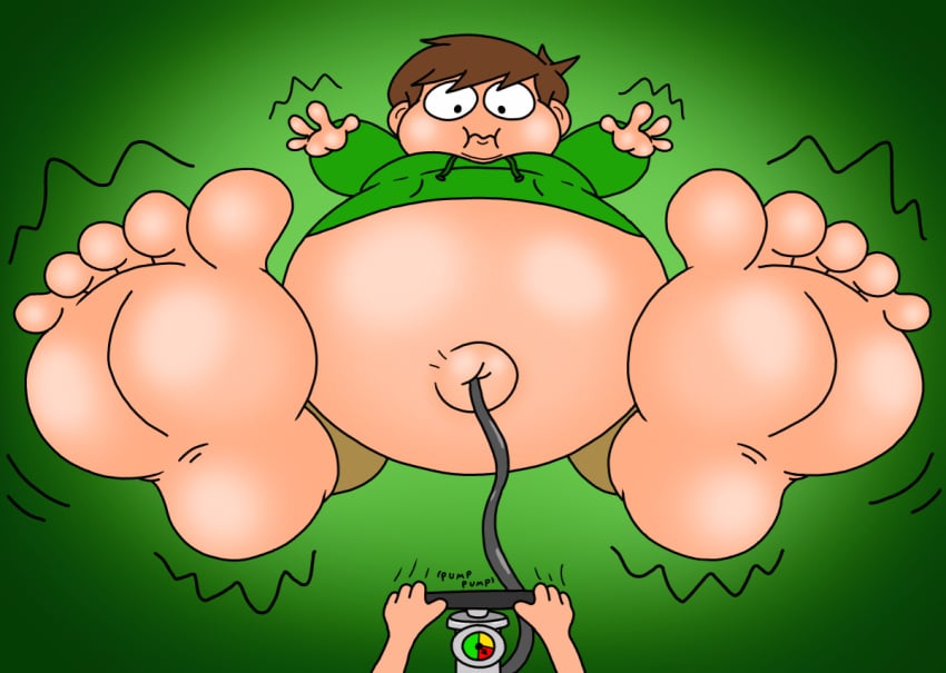 barefoot big_feet bike_pump black_eyes brown_hair edd_(eddsworld) eddsworld eyes fetish_wear foot_fetish foot_focus footwarrior1992 green_background green_clothing green_hoodie hoodie inflated_belly inflation inflation_fetish male male_only navel_insertion outie_navel pressure_gauge pump small_hands white_skin