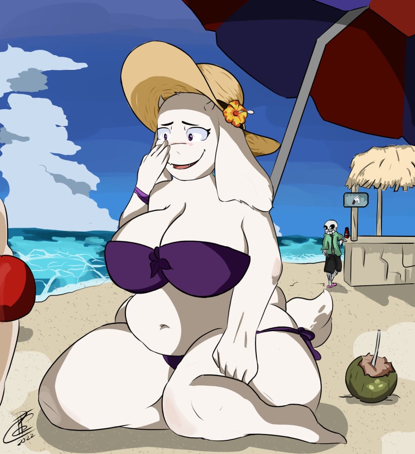 accessory anthro asgore_dreemurr beach beverage big_breasts bikini blush bone breasts clothing coconut drupe_(fruit) excited female flower flower_in_hair food fruit fur ghost_drawings group hair hair_accessory hat headgear headwear hi_res humanoid ketchup long_ears male male/female overweight plant popsicle sans seaside skeleton straw_hat sun swimming_trunks swimwear tail_motion tailwag tent toriel trio umbrella undertale_(series) water