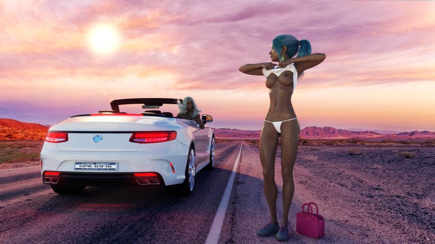 2girls 3d 3d_(artwork) 3dx blonde_hair blue_hair car daz3d daz_studio female female_only flashing flashing_breasts hitchhiking lifting_top mercedes-benz public public_nudity white_panties wrecked3d