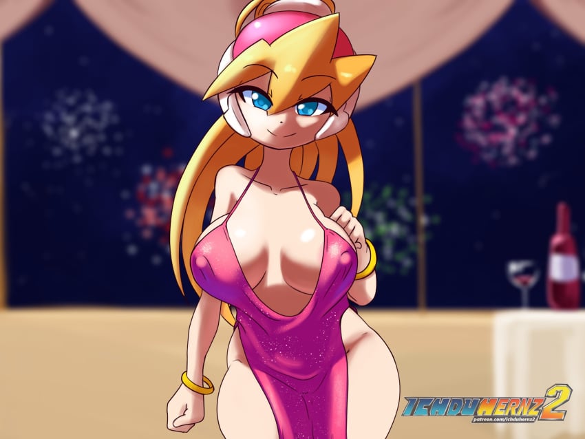 1girls big_breasts blonde_hair blue_eyes ciel_(mega_man) dress female headgear ichduhernz mega_man mega_man_x_dive mega_man_zero nipple_bulge partially_clothed plunging_neckline ponytail smile solo tagme