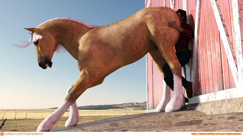 16:9 barn butt_crush clothing duo equid equine fence feral hi_res hill horse human human_on_feral interspecies male male/male male_on_feral mammal pinned shirt t-shirt text topwear url vulpineadonis widescreen zoophilia