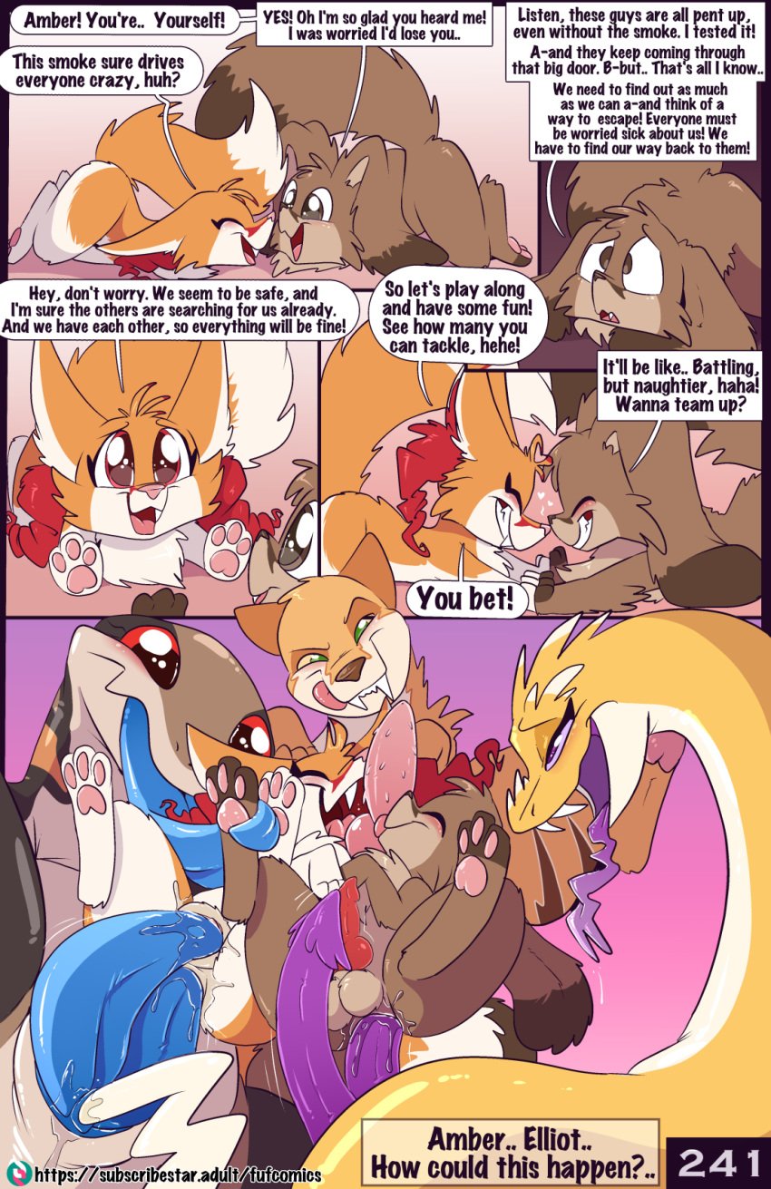 2020s 2022 amber_(fuf) anthro blue-tongued_skink blue_penis blue_tongue brown_body brown_eyes brown_fur canid canine comic diphallia diphallism dipstick_ears dipstick_tail elliot_(fuf) english_text felid female fennec fox fuf fur genitals group hi_res licking licking_lips lizard male male/female male/male mammal markings multi_penis multicolored_ears page_241 pawpads penile_spines penis pink_pawpads purple_penis red_eyes reptile scalie sex skink tail_markings text tongue tongue_out yellow_body yellow_fur