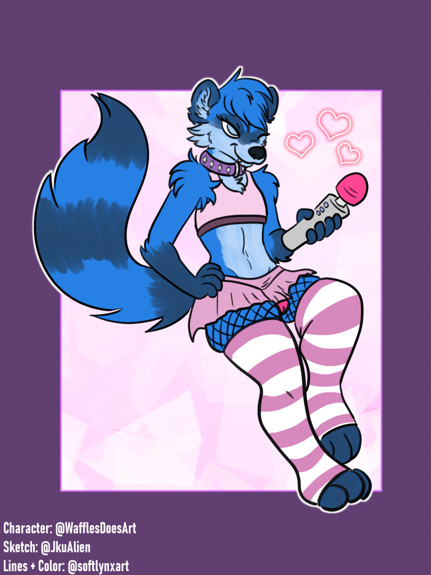 anthro bottomwear bra chastity_bulge chastity_cage chastity_device clothing collar edgydogsoftlynx hands_on_hips hi_res legwear male mammal paws procyonid raccoon raised_paw sex_toy skirt solo solo_focus sports_bra stockings thigh_highs underwear vibrator waffles_the_raccoon wand_vibrator