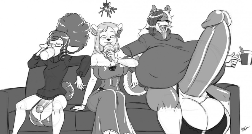 1girls 2futas aeolus06 alcohol anthro ball_bra balls bear beverage big_balls big_penis bovid bow_ribbon canid canine canis caprine casual_erection casual_exposure casual_nudity christmas closed_eyes clothed clothing curled_hair dessert domestic_dog dress eyewear female food furniture futa_with_female futa_with_futa futanari genitals glasses greyscale group gynomorph hair holidays huge_balls huge_cock husky hyper hyper_balls hyper_genitalia hyper_penis ice_cream intersex mammal mistletoe monochrome mug nordic_sled_dog oversized_balls partially_clothed penis plant purgy scarlet_(sydak) sheep sofa spitz sundae_(sydak) sweater tongue tongue_out topwear trio wine