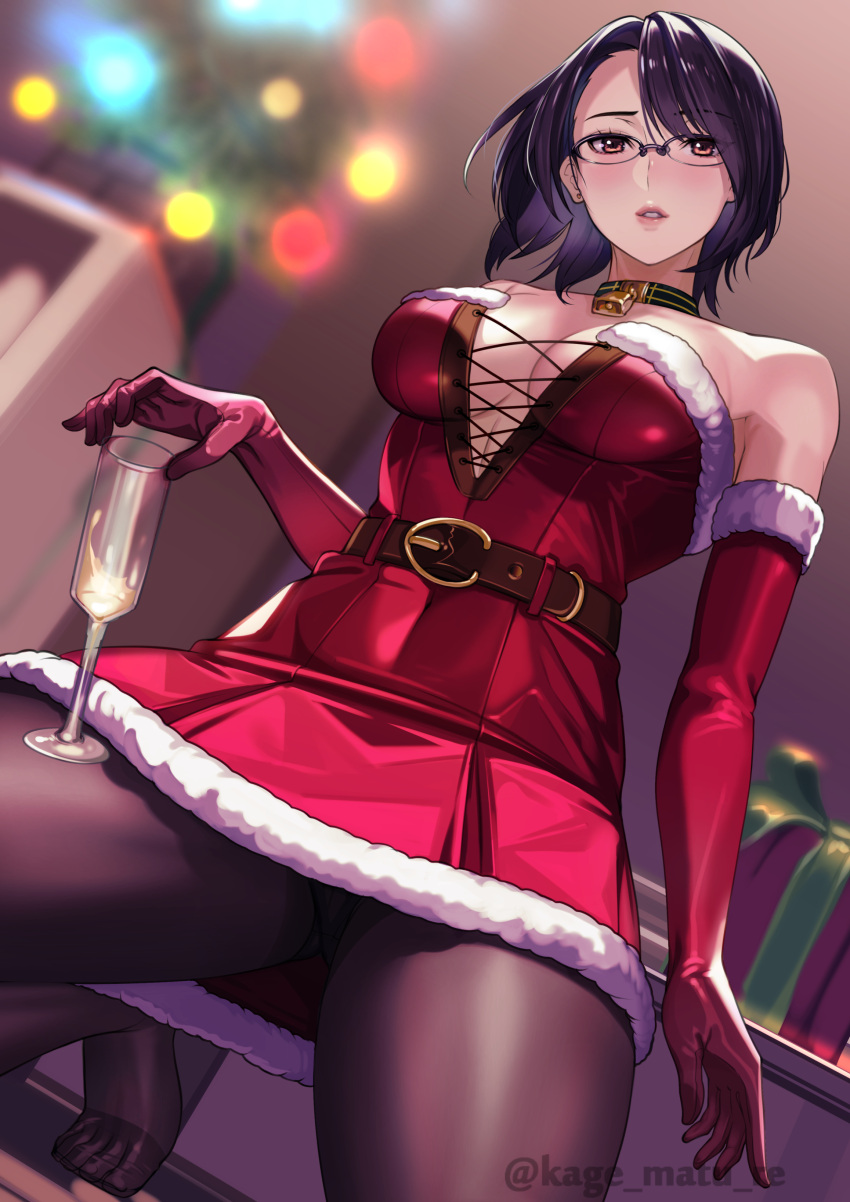 1girls bangs bare_shoulders belt black_pantyhose blurry_background blush breasts brown_eyes champagne_flute choker christmas cleavage dress elbow_gloves female female_focus from_below glasses gloves highres kagematsuri looking_at_viewer neck_bell original original_character pantyhose purple_hair red_dress red_gloves short_hair solo_focus