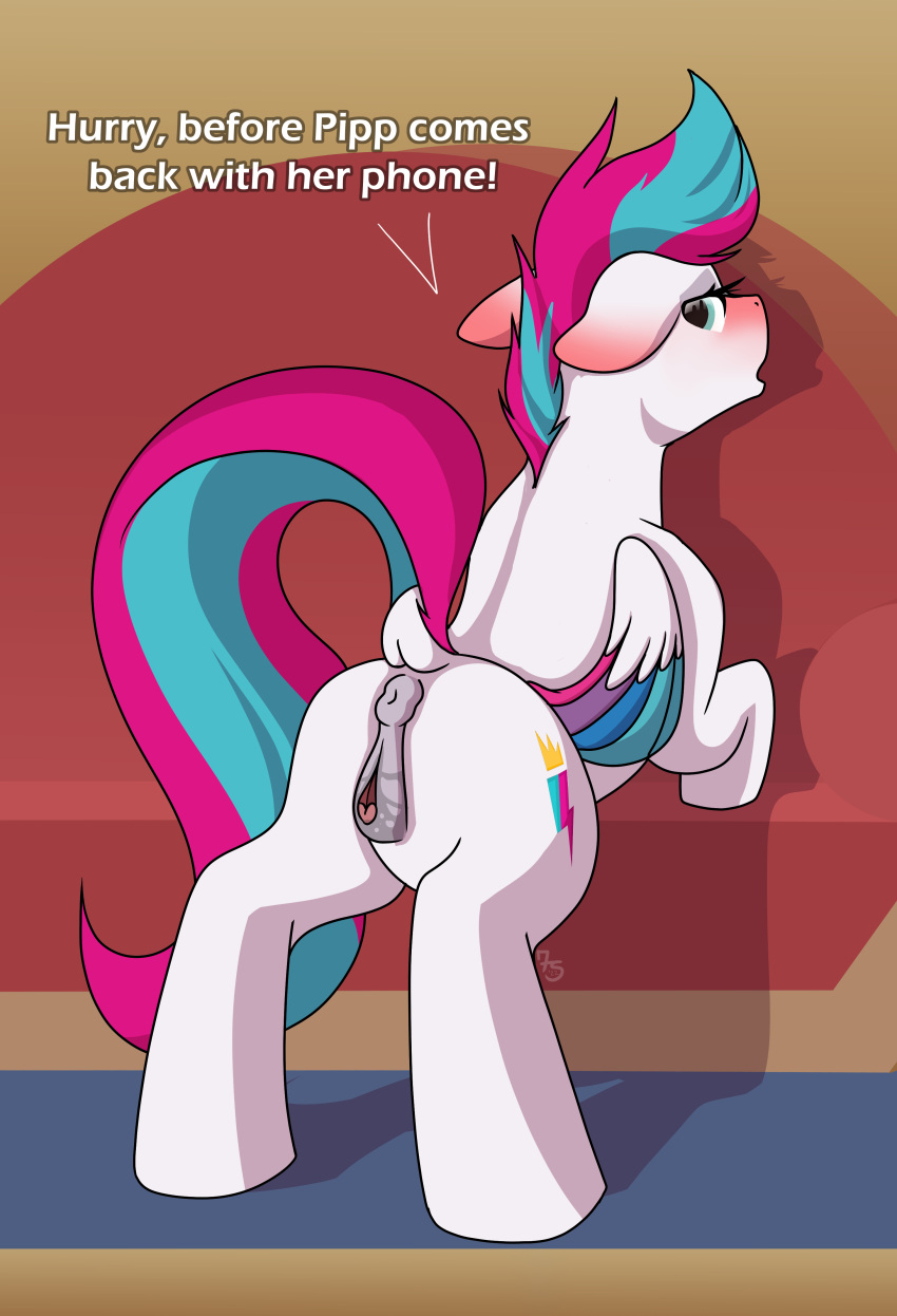 absurd_res animal_genitalia animal_pussy blush english_text equid equine equine_pussy furniture genitals hasbro hi_res horse mammal mlp_g5 my_little_pony netflix pegasus png pony pussy sevenserenity sofa solo text wings zipp_storm_(mlp)