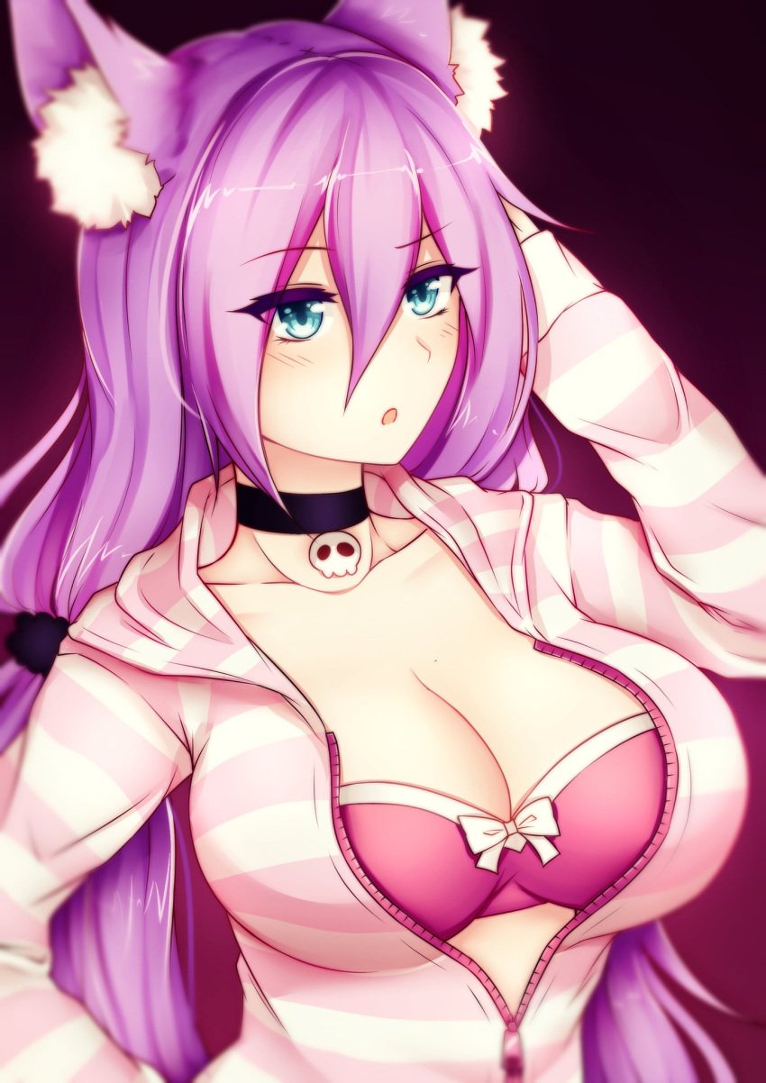 blue_eyes bra dirtykuro exposed_bra fox fox_ear fox_ears fox_girl foxgirl foxykuro kuro_(foxykuro) long_hair_female long_purple_hair pink_bra purple_hair purple_hair_female unzipped unzipped_jacket