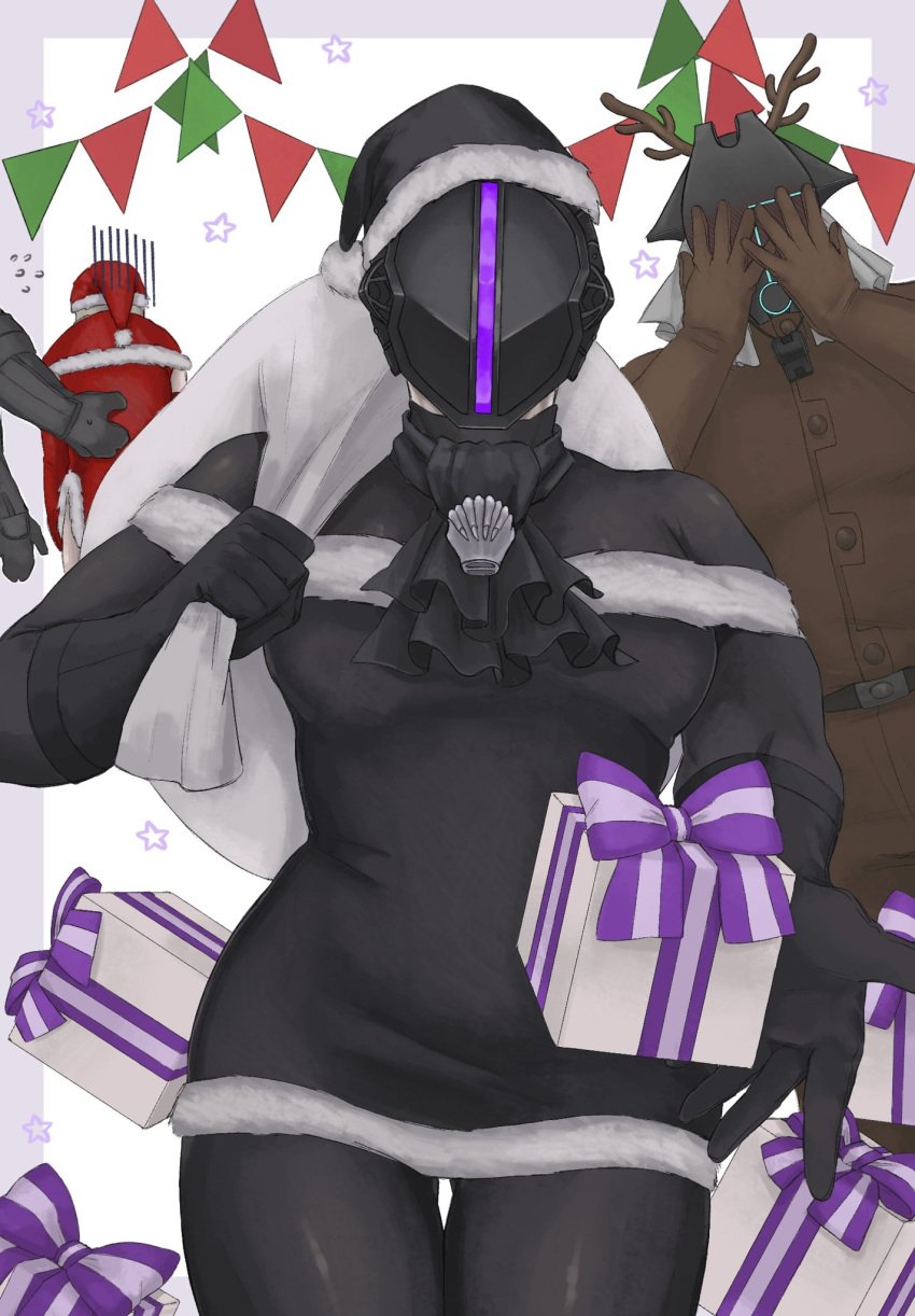 4boys alternate_costume ambush_(trap) black_clothing black_legwear bondrewd christmas christmas_outfit covering_face cravat crossdressing embarrassed fully_clothed fur_trim gueira helmet looking_at_viewer mabomaboti made_in_abyss male male_only mask masked masked_male multiple_boys reindeer_antlers reindeer_costume santa_costume santa_hat scarf solo_focus suumama thick_thighs thigh_gap tight_clothing tube_dress umbra_hands whistle_around_neck wide_hips