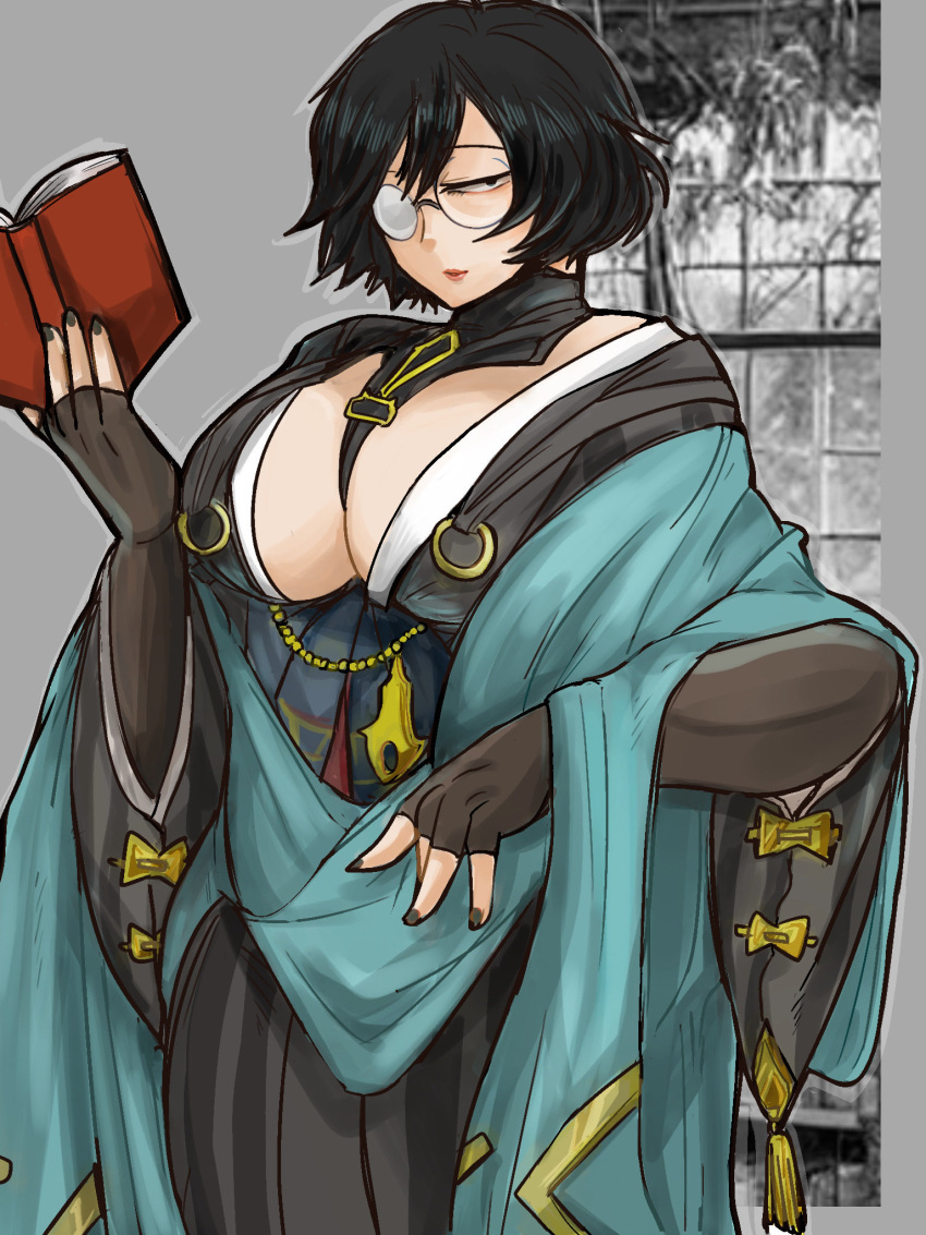 alternate_costume big_breasts black_hair black_nails book cleavage female female_only fingerless_gloves genderswap_(mtf) glasses gloves japanese_clothes kengan_(series) kengan_omega looking_at_viewer nail_polish nitokutumu2 reading rule_63 short_hair solo tokuno&rsquo;o_tokumichi