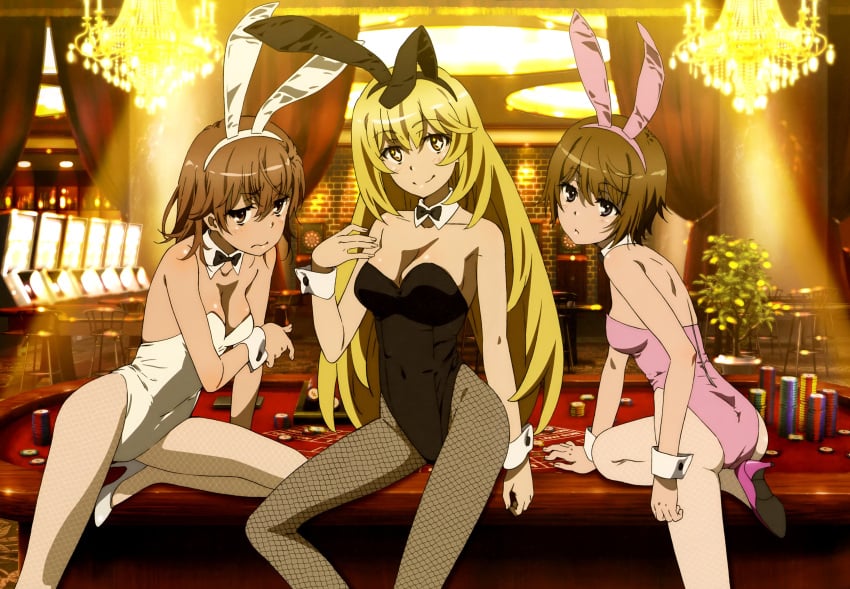 +_+ 2020s 2022 3girls absurd_res animal_ears bangs bare_back bare_legs bare_shoulders black_bow black_bowtie black_hairband black_leotard blonde_hair bow bowtie breast_envy breasts brown_eyes brown_hair cleavage collarbone covered_navel detached_collar detailed_background fake_animal_ears female fishnets frown hair_between_eyes hairband hi_res high_heels highleg highleg_leotard hiyamizu_yukie indoors kinuhata_saiai leotard light-skinned_female light_skin long_hair looking_at_viewer matching_hair/eyes medium_breasts misaka_mikoto multiple_girls official_art pantyhose pink_footwear pink_hairband pink_leotard playboy_bunny poker_chip poker_table pumps rabbit_ears scan shiny shiny_hair shokuhou_misaki short_hair shoulder_blades small_breasts strapless strapless_leotard symbol-shaped_pupils table teenage_girl teenager thighs to_aru_kagaku_no_railgun to_aru_majutsu_no_index unusual_pupils very_long_hair white_footwear white_hairband white_leotard wrist_cuffs young