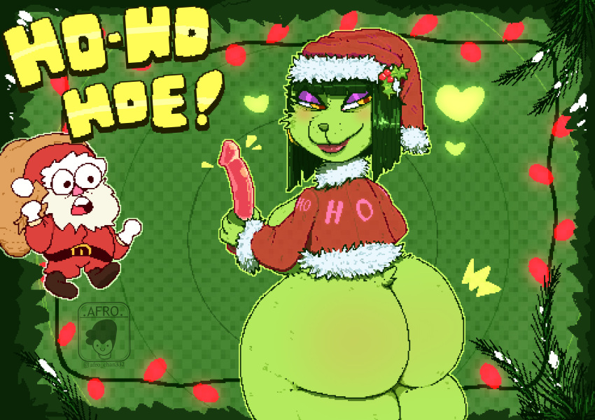 1boy 1girls absurd_res afro_chan332 anthro ass beard big_butt breasts christmas clothing dildo dr_seuss english_text facial_hair female green_body grinch hat headgear headwear hi_res holidays how_the_grinch_stole_christmas humanoid lips looking_back male rule_63 santa_claus sex_toy shocked smile solo text the_grinchess thick_bottom_lip