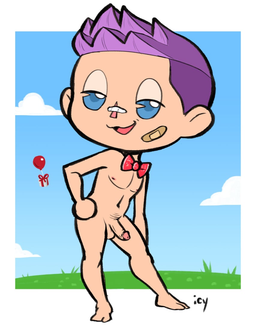 1boy :3 animal_crossing animal_crossing_boy animal_crossing_new_horizons balls bandaid blue_eyes erection iseenudepeople male male_only nintendo nude only_player penis purple_hair solo solo_male testicles toony