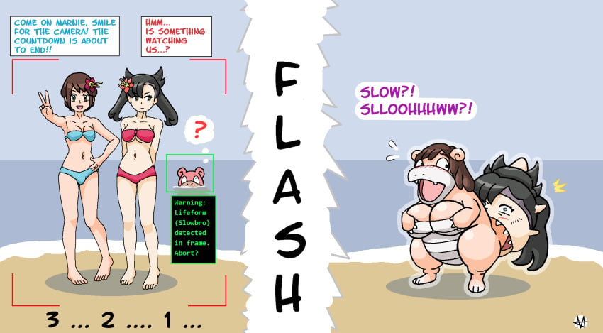 2021 beach before_and_after big_breasts bikini black_hair blue_bikini blue_bikini_bottom blue_bikini_top blue_eyes blue_swimsuit blush blush_lines brown_eyes brown_hair english english_text flower_in_hair fusion game_freak gloria_(pokemon) marnie_(pokemon) navel nintendo peace_sign pink_bikini pink_bikini_bottom pink_bikini_top pink_swimsuit pokemon pokemon_(species) pokemon_ss posing posing_for_picture sera-fuku slowbro small_breasts species_transformation speech_bubble text text_box text_bubble transformation twintails