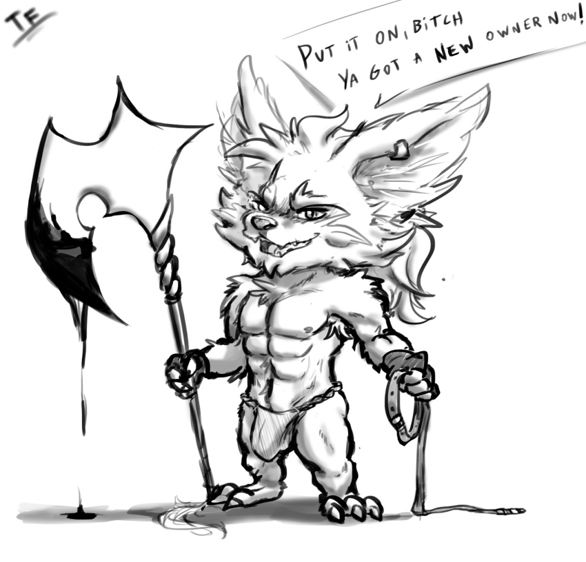 abs anthro armpit_hair black_and_white blood blood_on_weapon bodily_fluids body_hair bulge chest_tuft clothing collar dialogue ear_piercing ear_ring fennephilim_fox gloves hair handwear hi_res holding_collar holding_object holding_weapon kled league_of_legends leash looking_at_viewer male male_only monochrome muscular muscular_male nails nipples open_mouth piercing ponytail ring_piercing riot_games scar shoulder_tuft smirking_at_viewer solo talking_to_viewer teeth thong tuft underwear weapon yordle