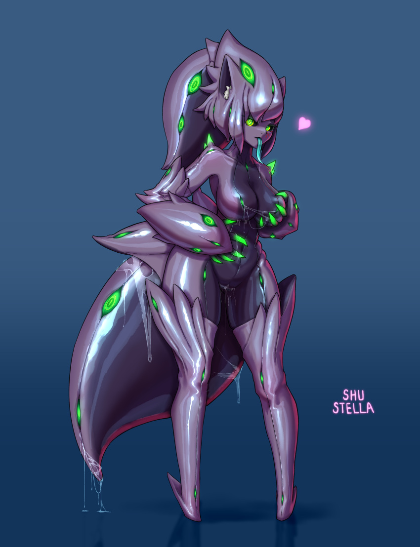 assimilation corruption eye_color_change female glowing_body green_eyes hair_color_change huge_ass huge_breasts huge_tail long_tongue monster_girl monsterification nipples post_transformation purple_skin shu_stella skin_color_change species_transformation takeover thick_thighs transformation wide_hips